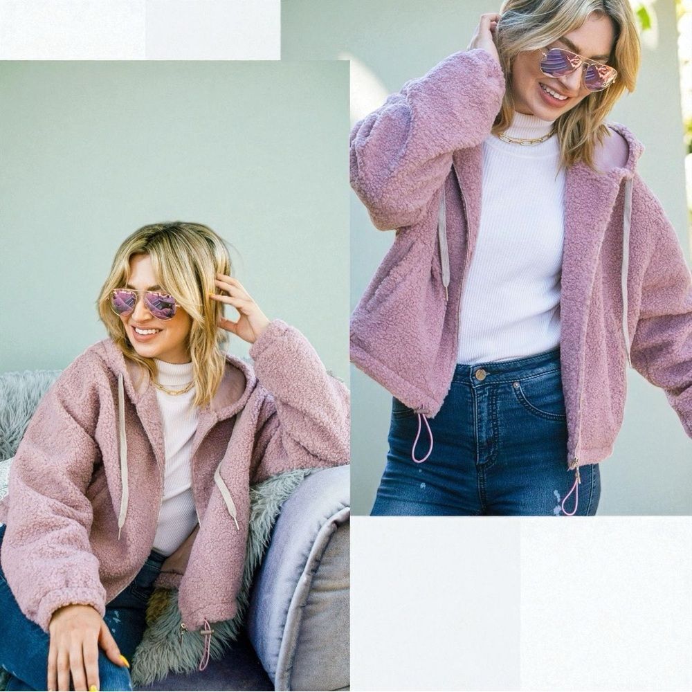 Dusty Pink Sherpa Drawstring Cropped Hooded Jacket Large NWT - And The Why - Picture 7 of 17